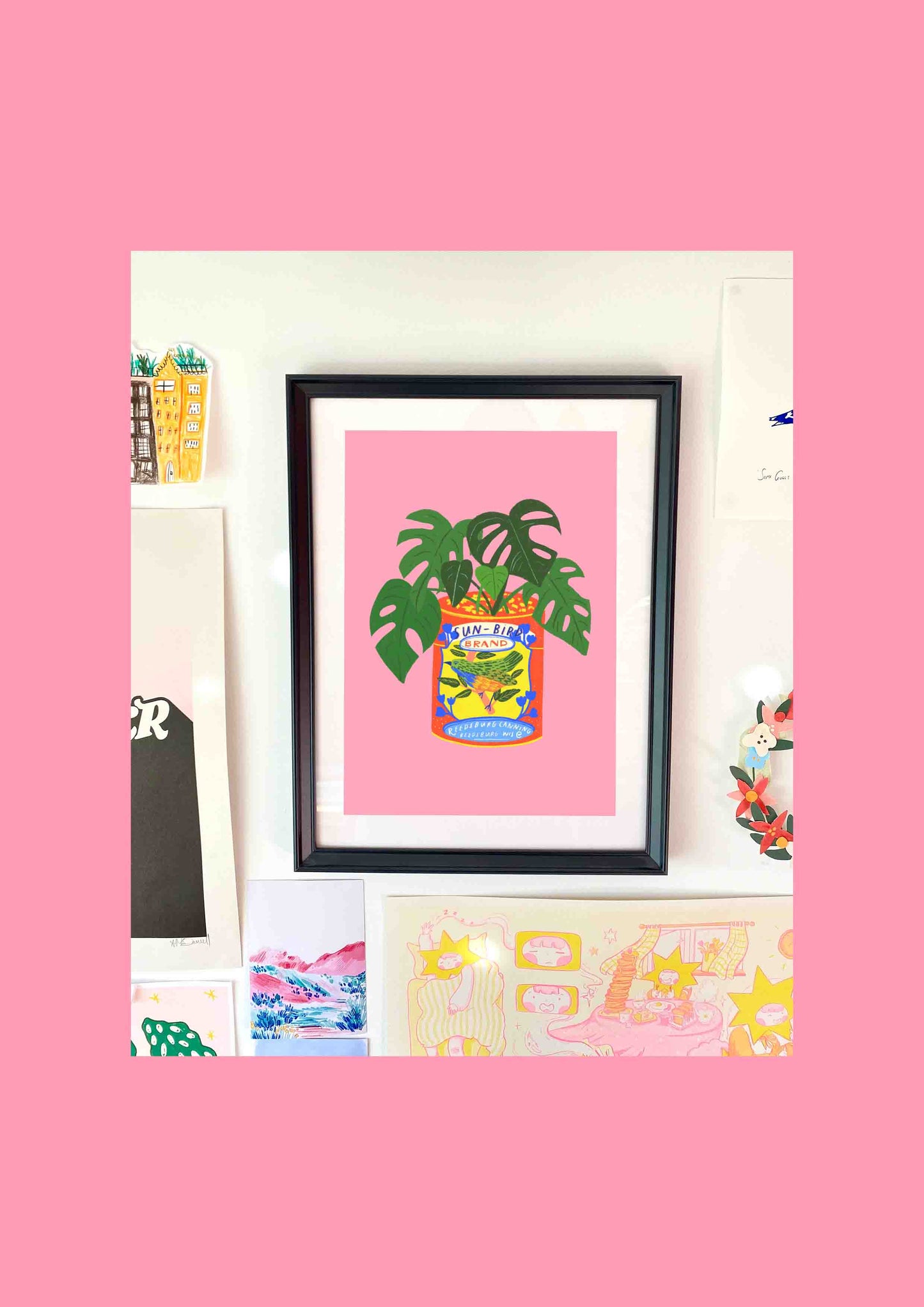 Monstera House Plant & Vintage Sun Bird Can Art Print | Vintage Tin Houseplant Wall Decor Botanical