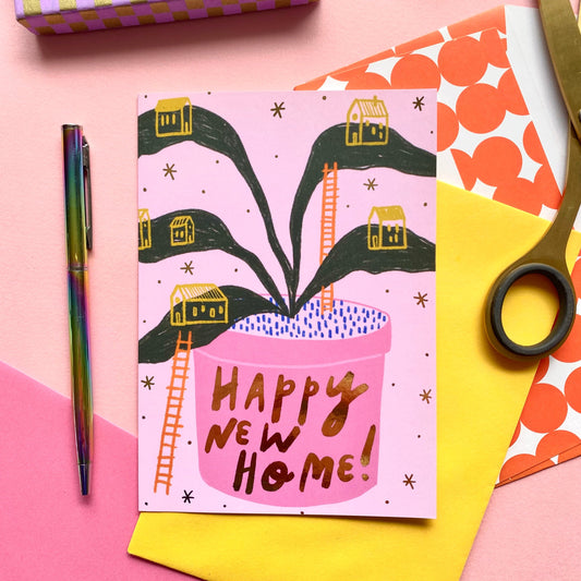 Happy New Home Gold Foil Greetings Card | House Plant Pink Bold Ladder Apartment Homeowner Flat Celebrate