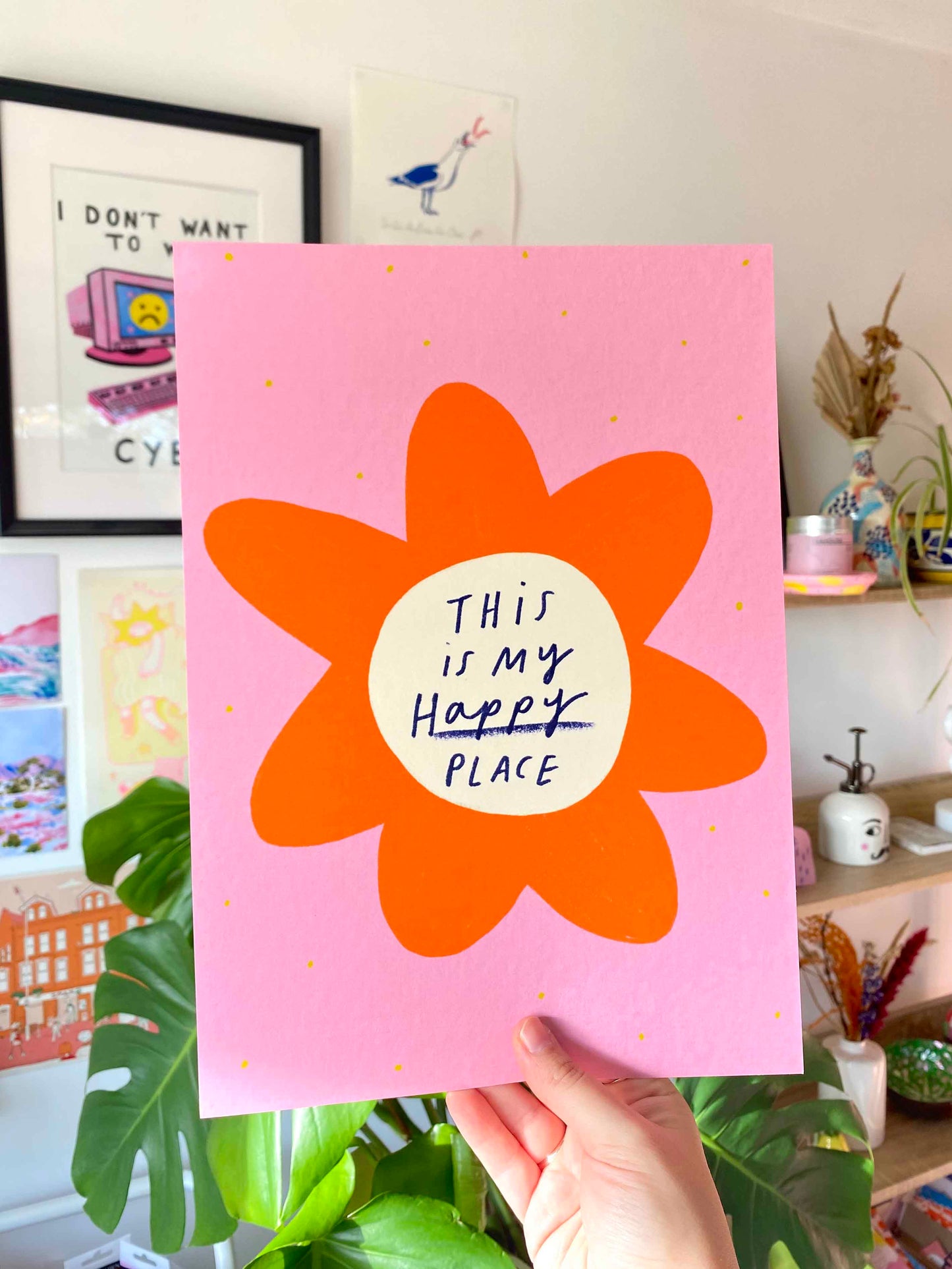 My Happy Place Positive Quote Art Print | Positivity Floral Graphic Wall Decor Quirky Slogan
