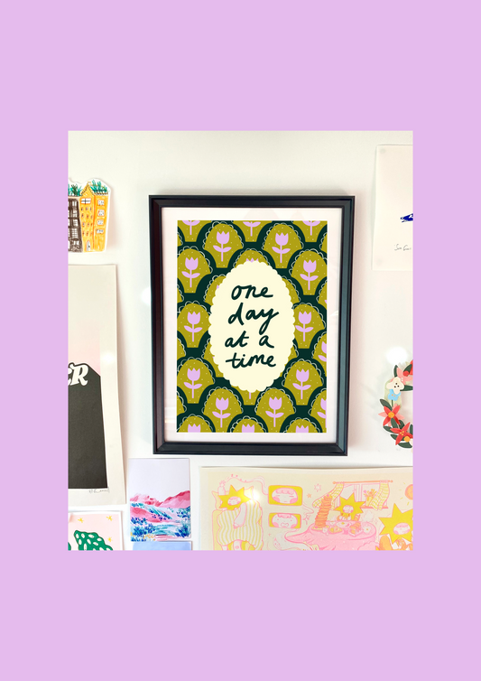 One Day at a Time Positive Quote Art Print | Mindfulness Affirmation Antique Vintage Patterned Wall Decor