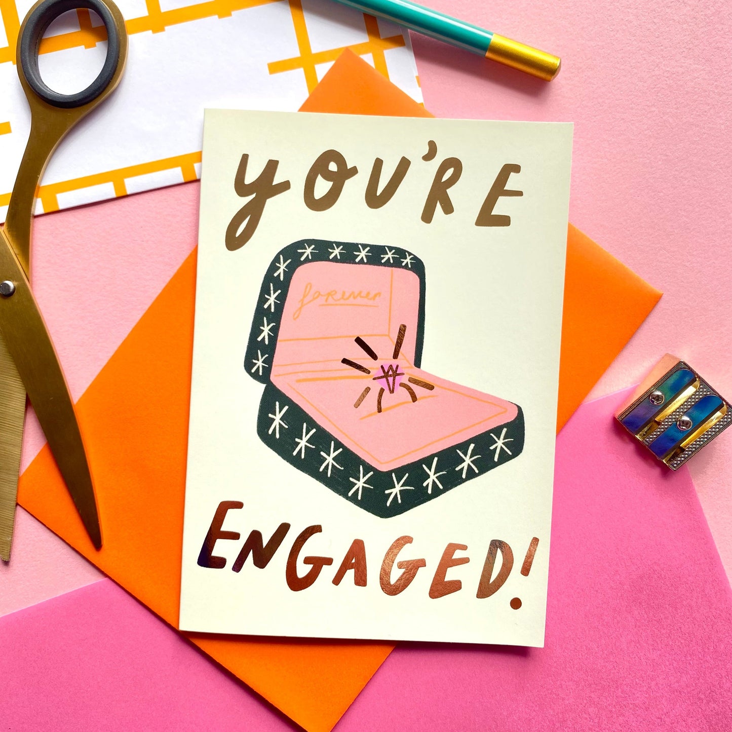 You're Engaged Congratulations Couple Gold Greetings Card | Celebrate Proposal Wedding Marriage Party Ring Box Fiancee Husband Wife