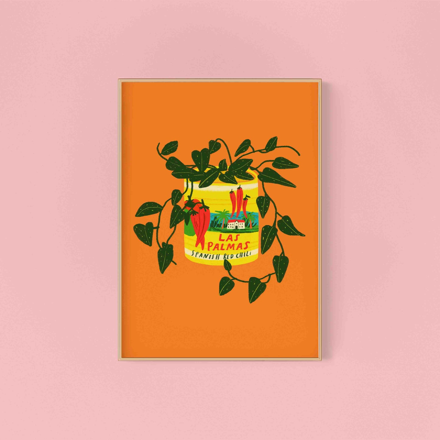 Hanging Pothos Plant & Vintage Can Orange Art Print | Houseplant Wall Decor Gift Plant Lover