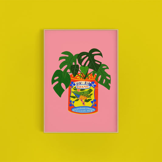 Monstera House Plant & Vintage Sun Bird Can Art Print | Vintage Tin Houseplant Wall Decor Botanical