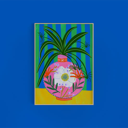 Fancy Spider plant in floral vase art print | Spider plant art print | House plant art print | Botanical art print | Cute plant art print