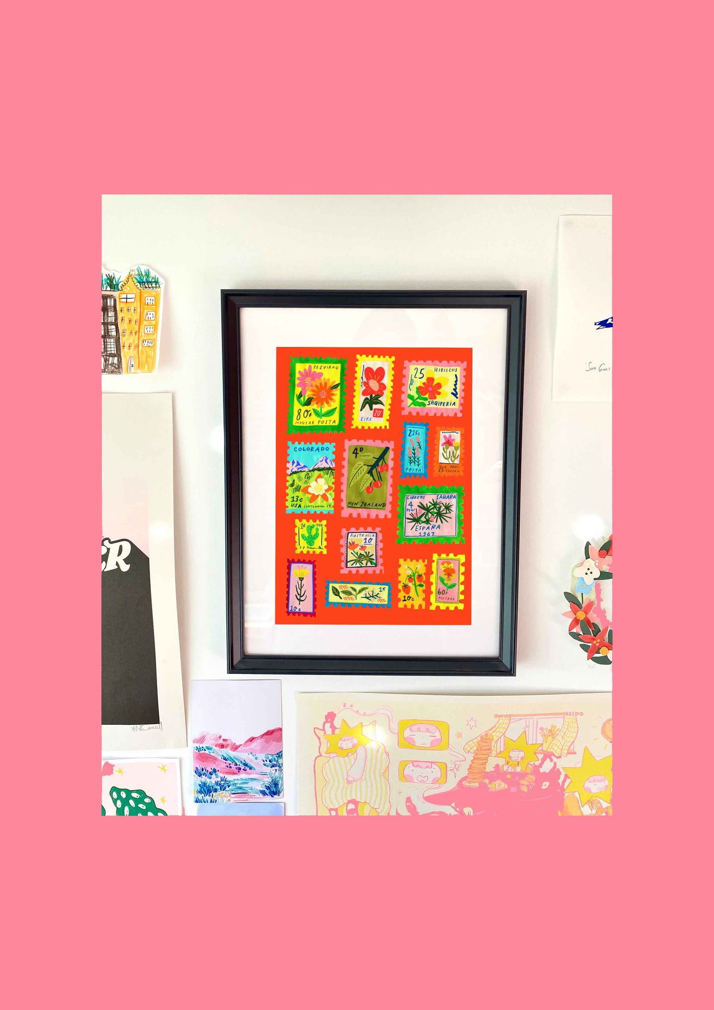 Vintage Stamps Colourful Art Print | Collector Junk Journal Travel Scrapbook Wall Decor Quirky Maximalism