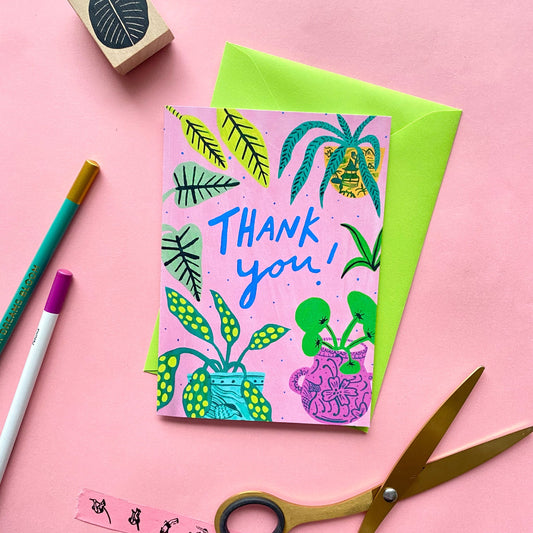 Thank you House Plant Patterned Greeting Card | Plant Lover Thanks Cheers Grateful Appreciation