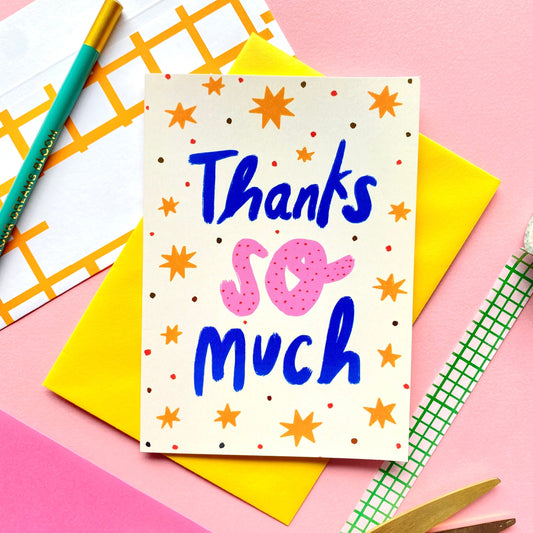 Thank You So Much Patterned Gold Stars Greetings Card | Thanks Grateful Bold Colourful Coworker Neighbour Friend
