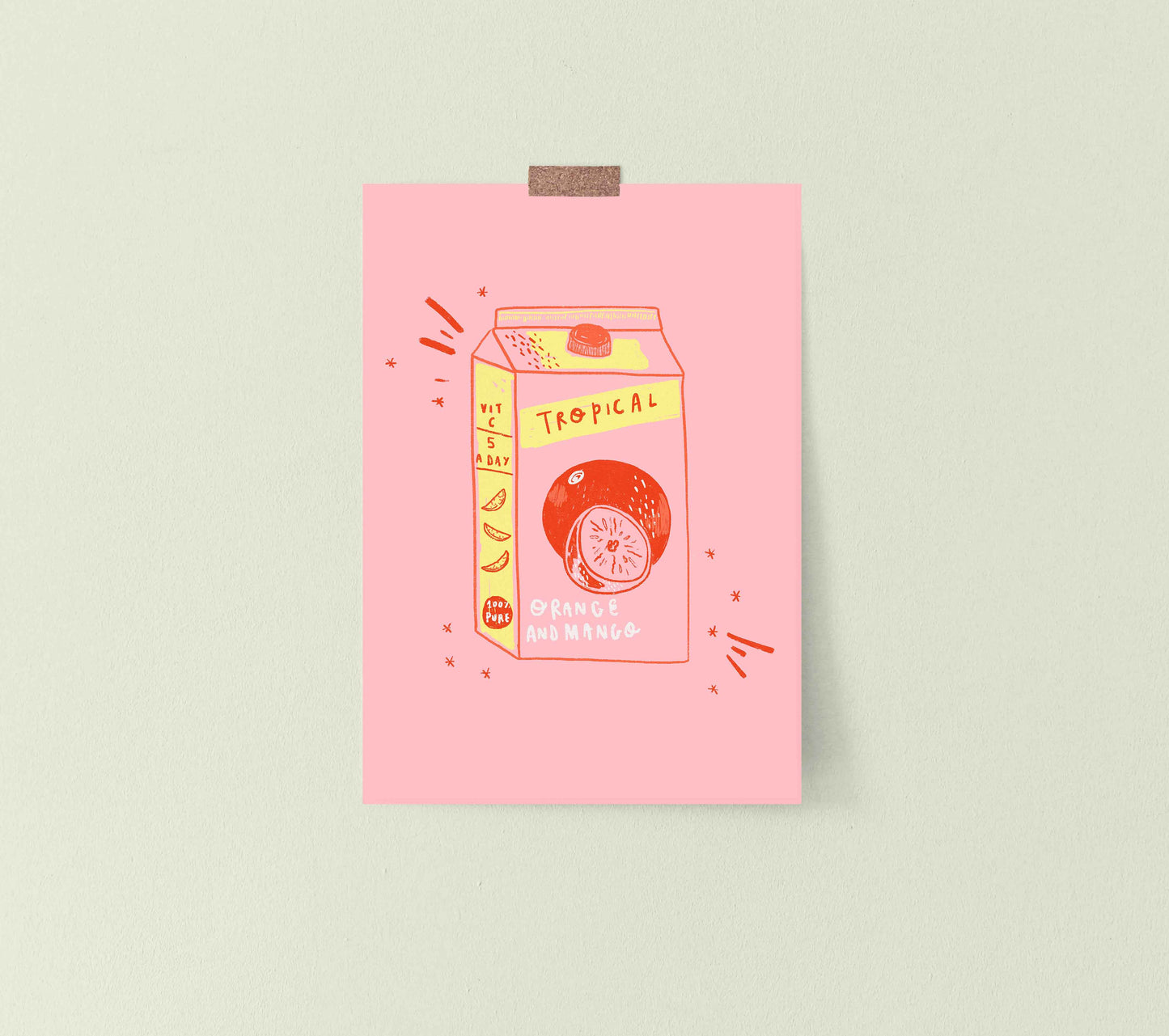 Summer Juice Carton Art Print | Illustrated Fruit Juice Wall Decor Pink Yellow