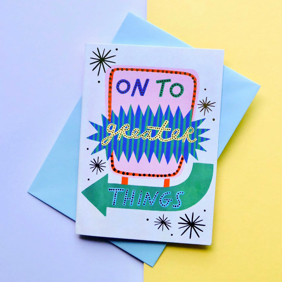 Retro 'On To Greater Things' Good Luck Greetings Card, Good Luck, Retro Motel Sign Thinking of you Greetings Card | Retro Sign Luck | Western Motel Sign Good Luck, Vintage Thoughtful Card