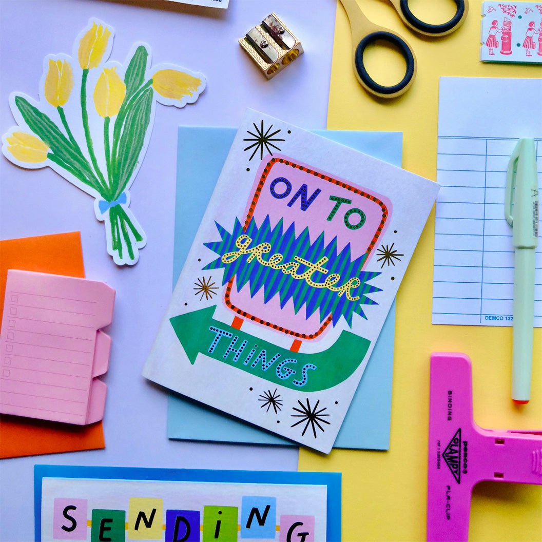 Retro 'On To Greater Things' Good Luck Greetings Card, Good Luck, Retro Motel Sign Thinking of you Greetings Card | Retro Sign Luck | Western Motel Sign Good Luck, Vintage Thoughtful Card