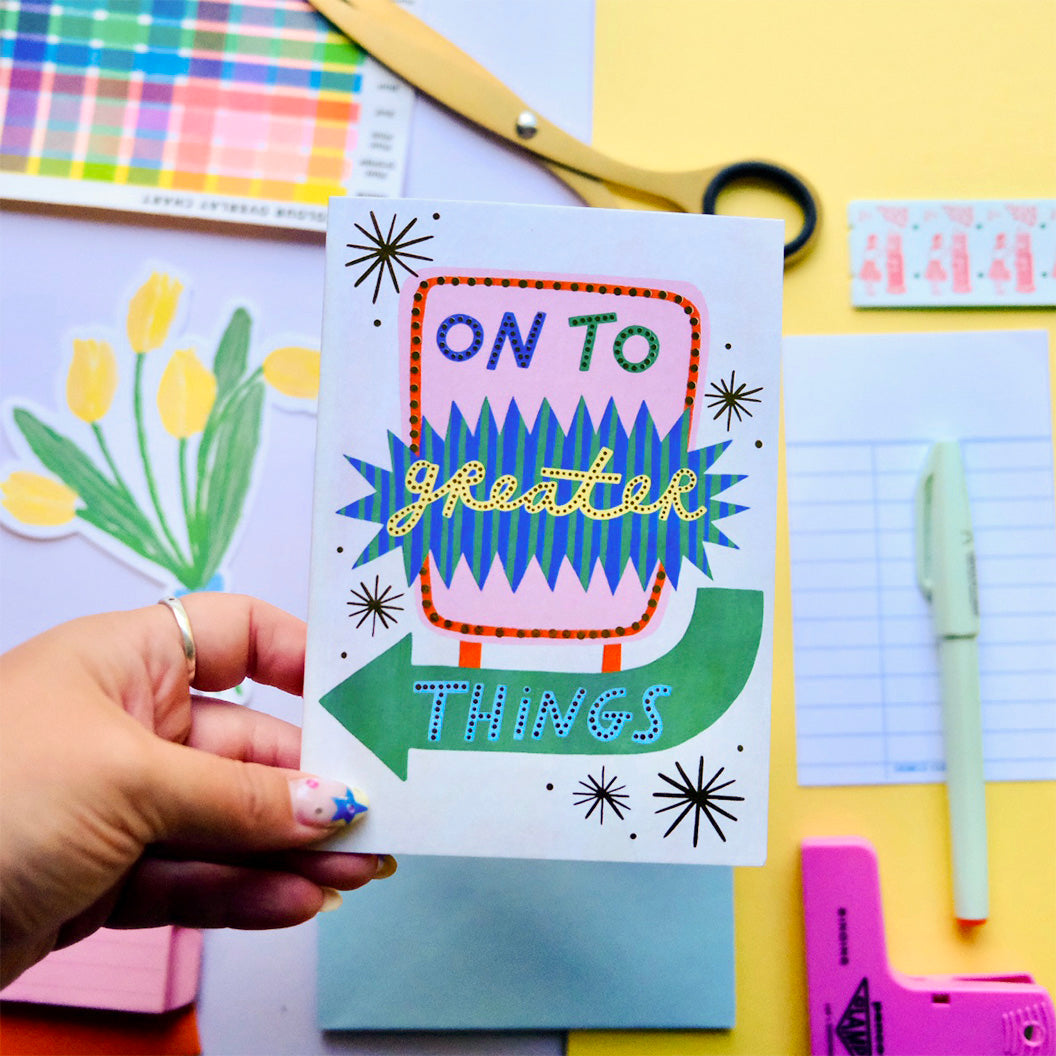 Retro 'On To Greater Things' Good Luck Greetings Card, Good Luck, Retro Motel Sign Thinking of you Greetings Card | Retro Sign Luck | Western Motel Sign Good Luck, Vintage Thoughtful Card