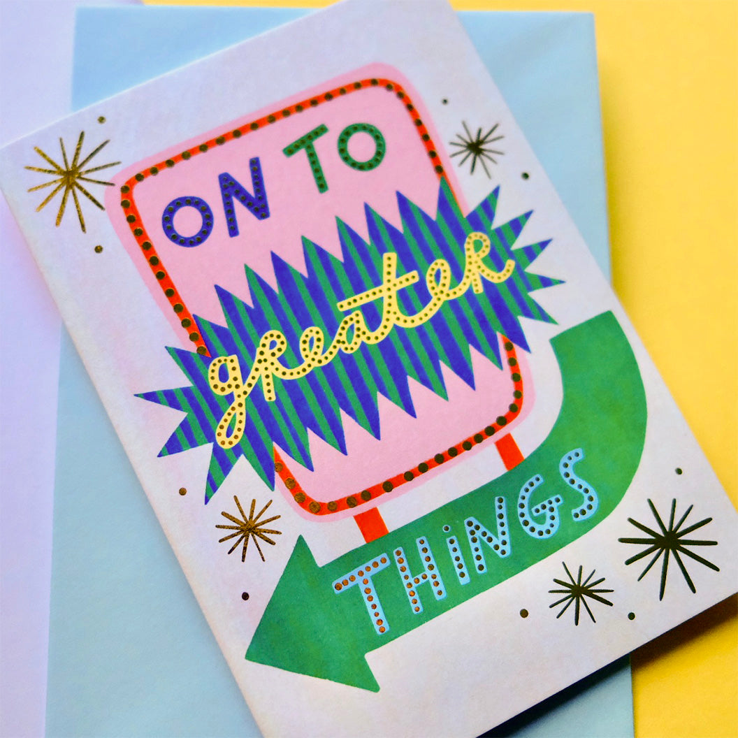 Retro 'On To Greater Things' Good Luck Greetings Card, Good Luck, Retro Motel Sign Thinking of you Greetings Card | Retro Sign Luck | Western Motel Sign Good Luck, Vintage Thoughtful Card