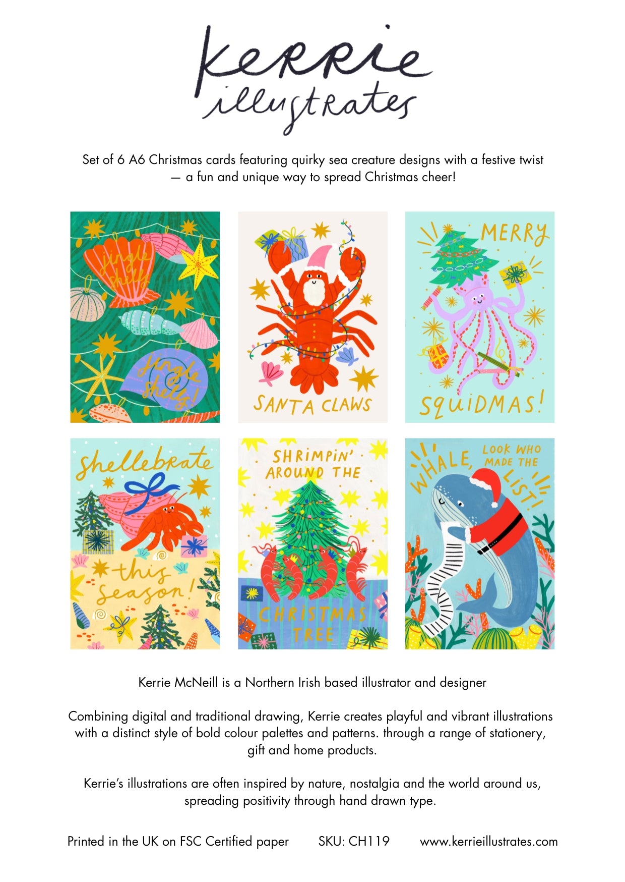 Festive Sea Creatures Christmas card pack | Pack of 6 Christmas Cards | Fun ocean christmas cards