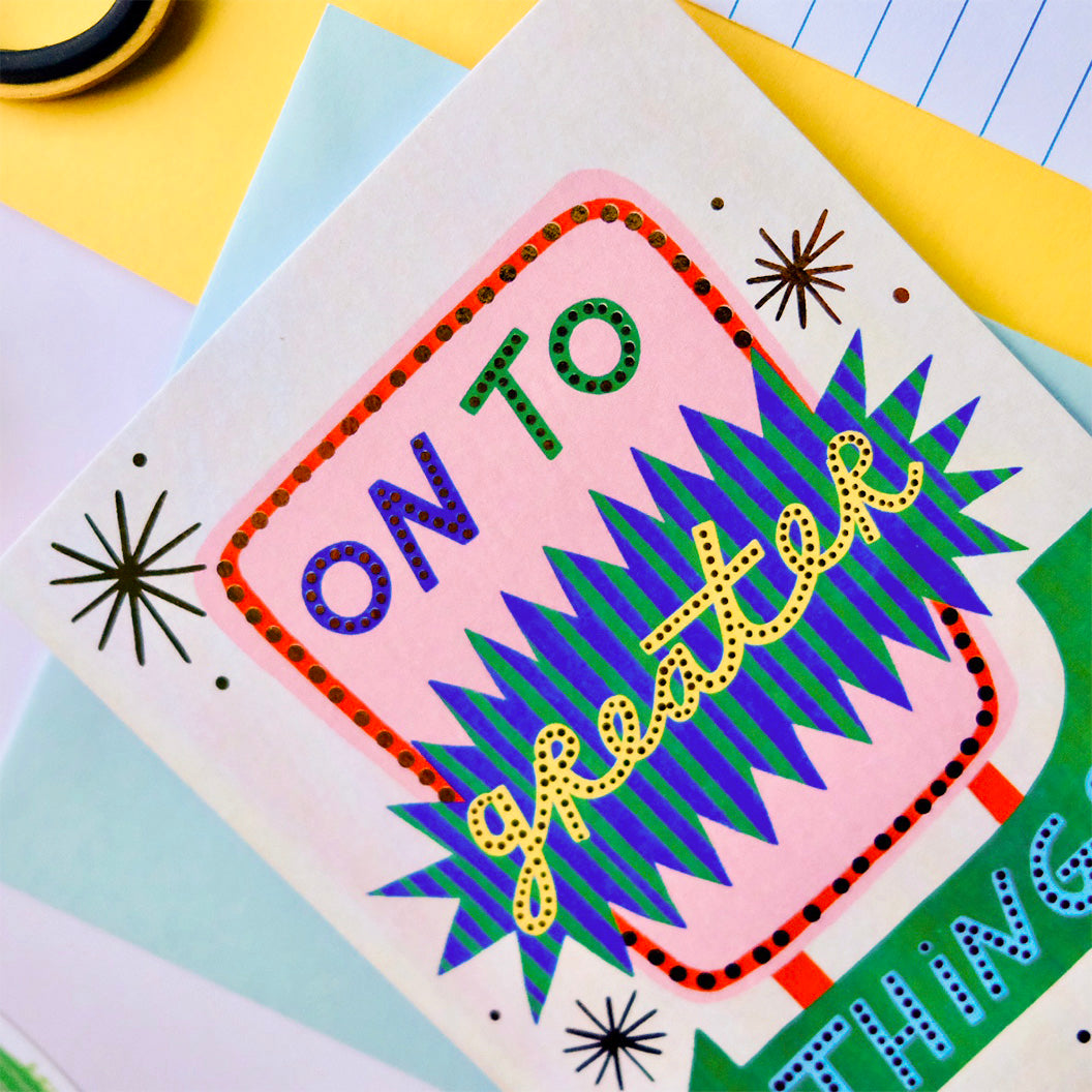 Retro 'On To Greater Things' Good Luck Greetings Card, Good Luck, Retro Motel Sign Thinking of you Greetings Card | Retro Sign Luck | Western Motel Sign Good Luck, Vintage Thoughtful Card