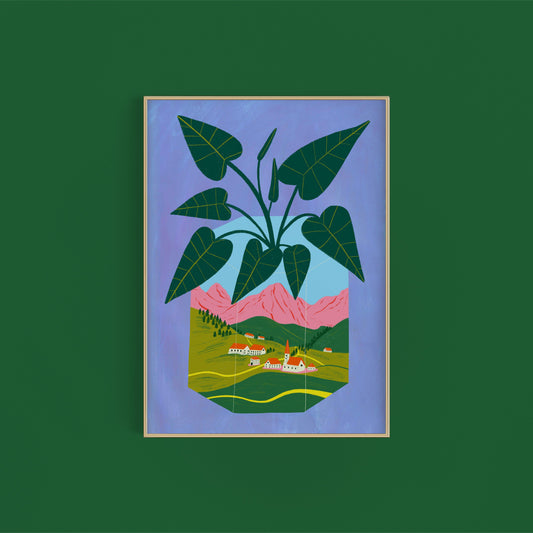 Alocasia in Scenic Mountain planter | Colorful Contemporary Wall Art | Colourful Landscape House Plant Wall Art