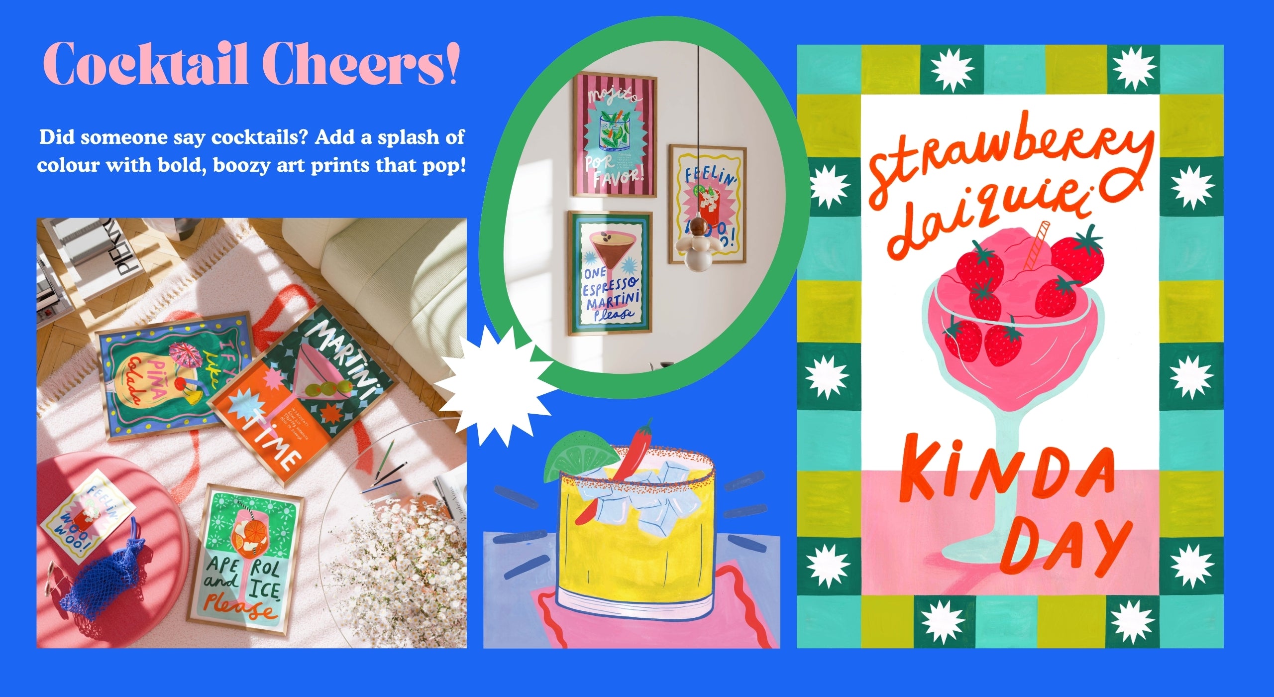 Cocktail Cheers-Cocktail art print collection-Cocktail wall art-bar wall art-kitchen wall art-colourful cocktail art-kerrie illustrates
