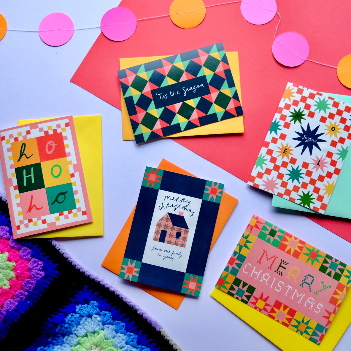 Tis' The Season Patchwork Christmas Card | Colourful Cozy Tis' The Season Christmas card | Bold Festive Quilt Christmas Card