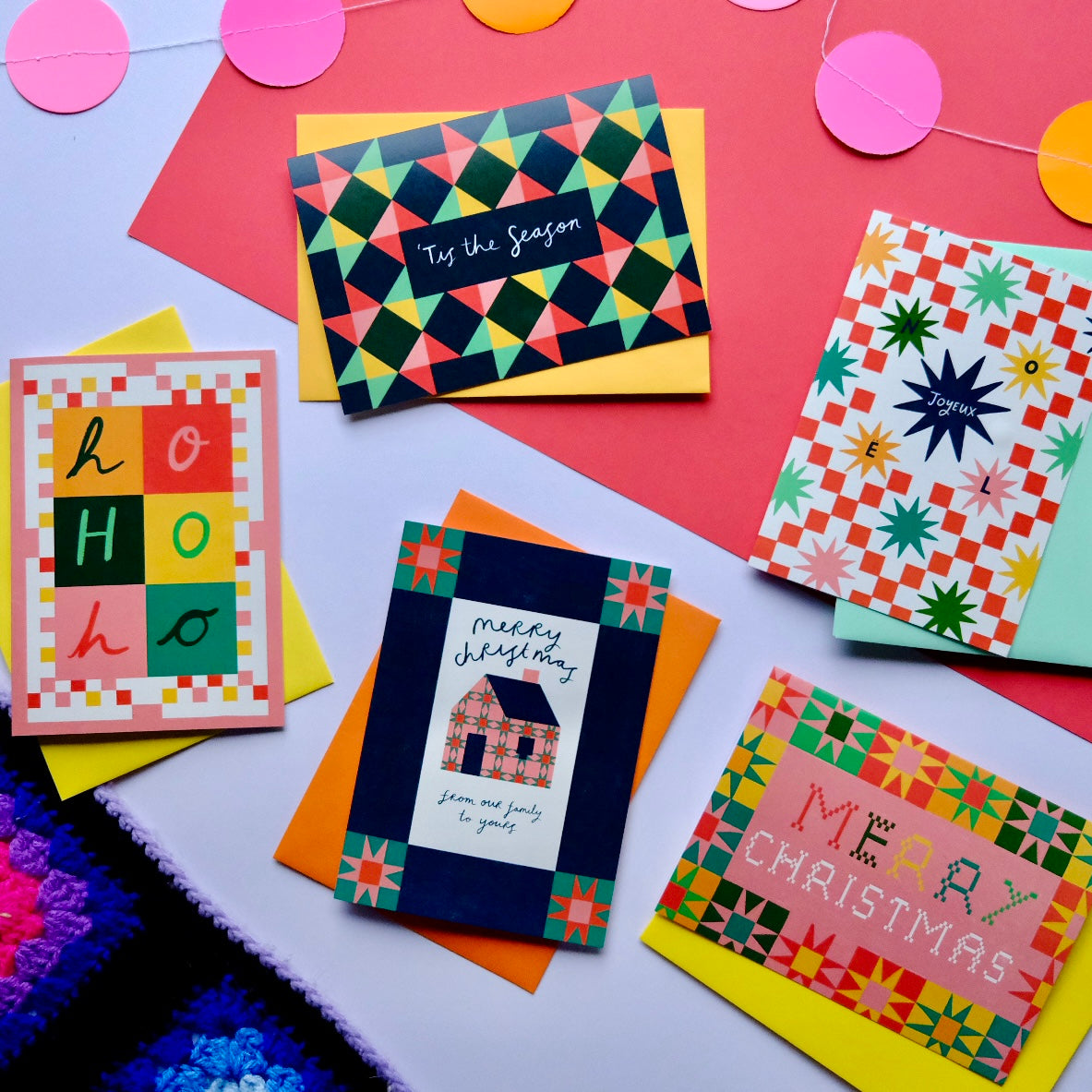 Joyeux Noel Patchwork Christmas Card | Colourful Cozy Quilt Christmas card | Bold Festive Patchwork Christmas Card