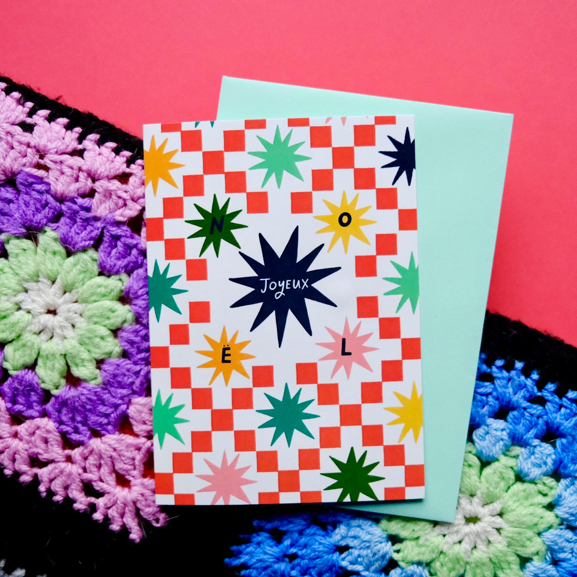 Joyeux Noel Patchwork Christmas Card | Colourful Cozy Quilt Christmas card | Bold Festive Patchwork Christmas Card