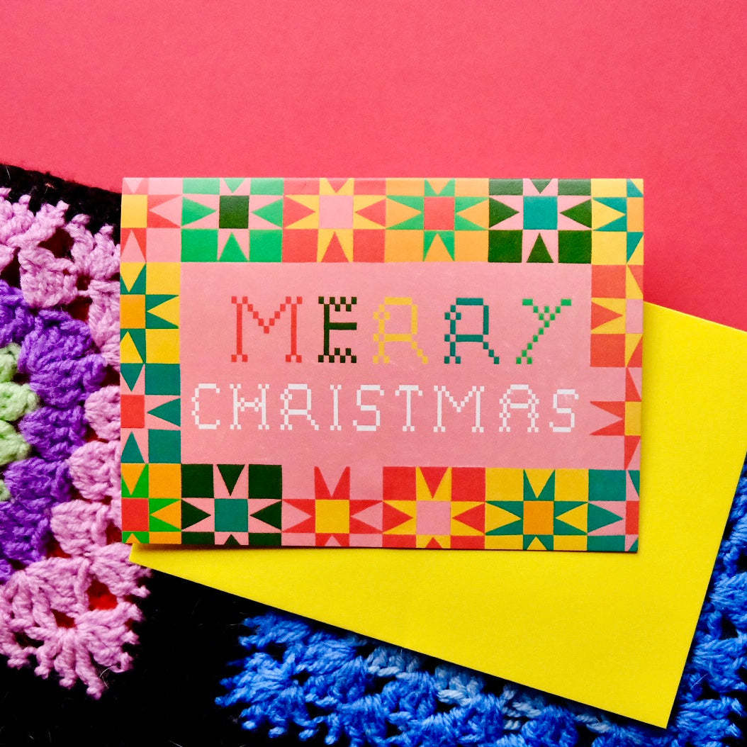 Merry Christmas Patchwork Christmas Card | Colourful Cozy Quilt Christmas card | Bold Festive Quilt Christmas Card