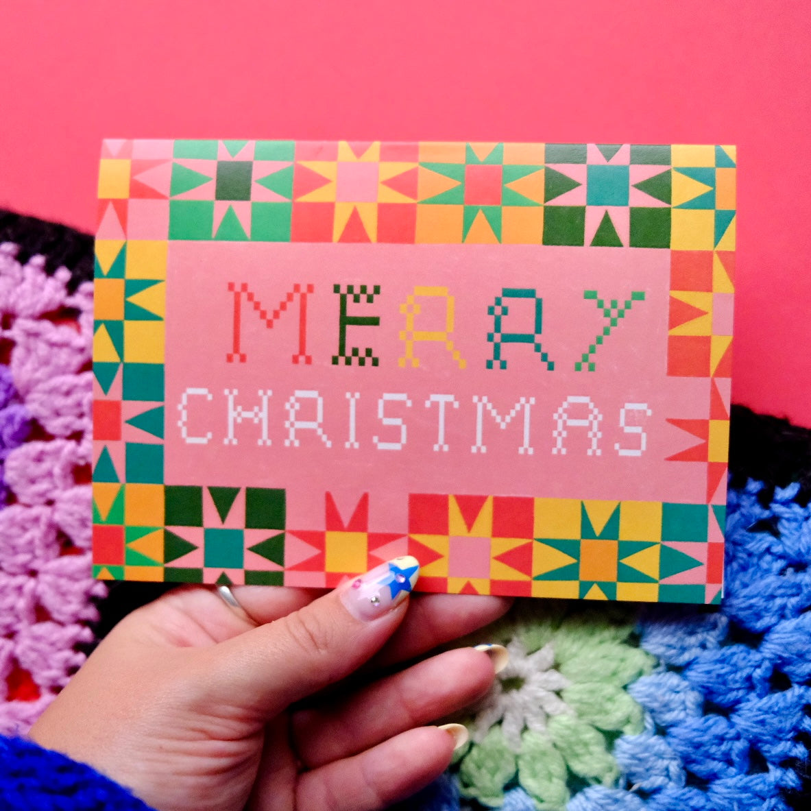 Merry Christmas Patchwork Christmas Card | Colourful Cozy Quilt Christmas card | Bold Festive Quilt Christmas Card