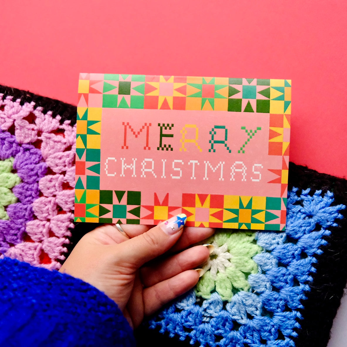 Merry Christmas Patchwork Christmas Card | Colourful Cozy Quilt Christmas card | Bold Festive Quilt Christmas Card