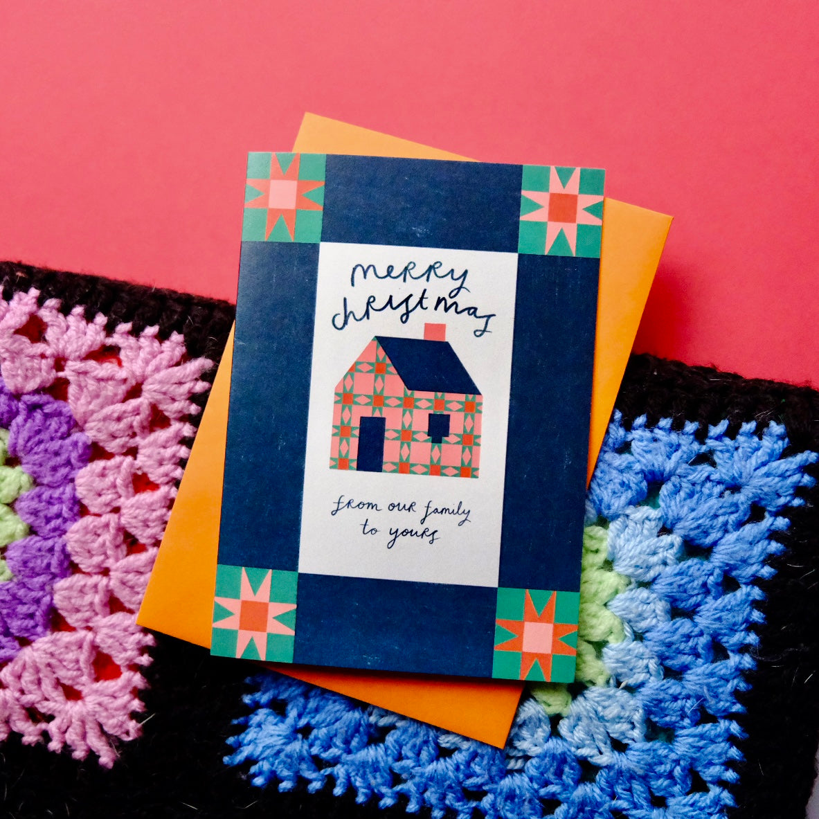 Merry Christmas From Our Family To Yours Patchwork Christmas Card | Colourful Cozy Quilt Christmas card | Bold Festive Quilt Christmas Card