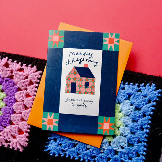Merry Christmas From Our Family To Yours Patchwork Christmas Card | Colourful Cozy Quilt Christmas card | Bold Festive Quilt Christmas Card