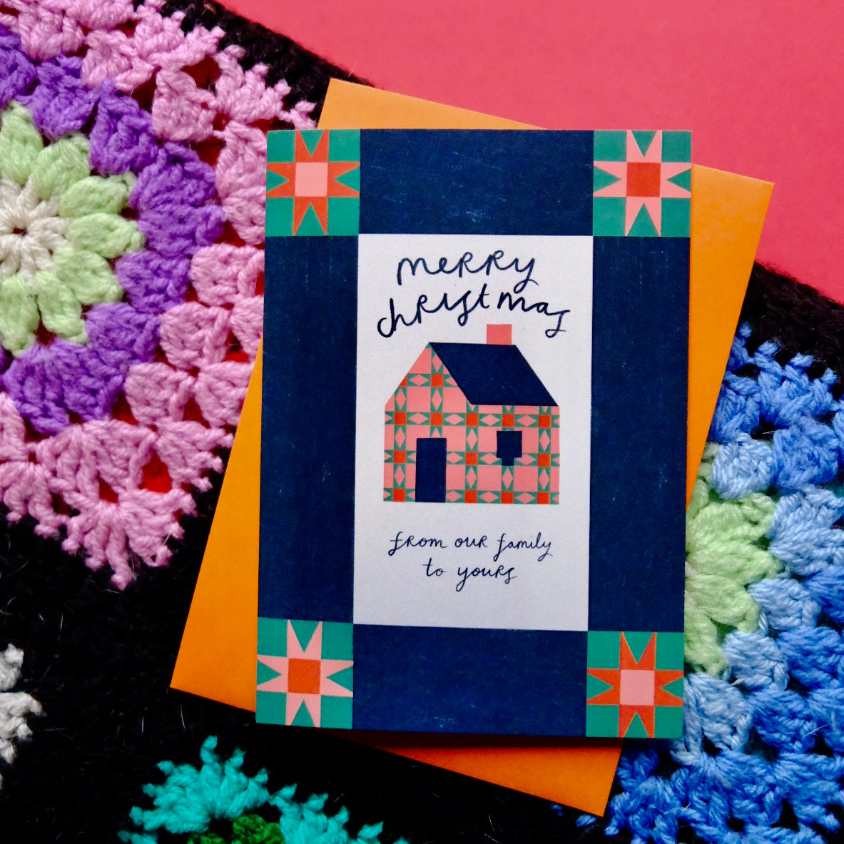 Merry Christmas From Our Family To Yours Patchwork Christmas Card | Colourful Cozy Quilt Christmas card | Bold Festive Quilt Christmas Card