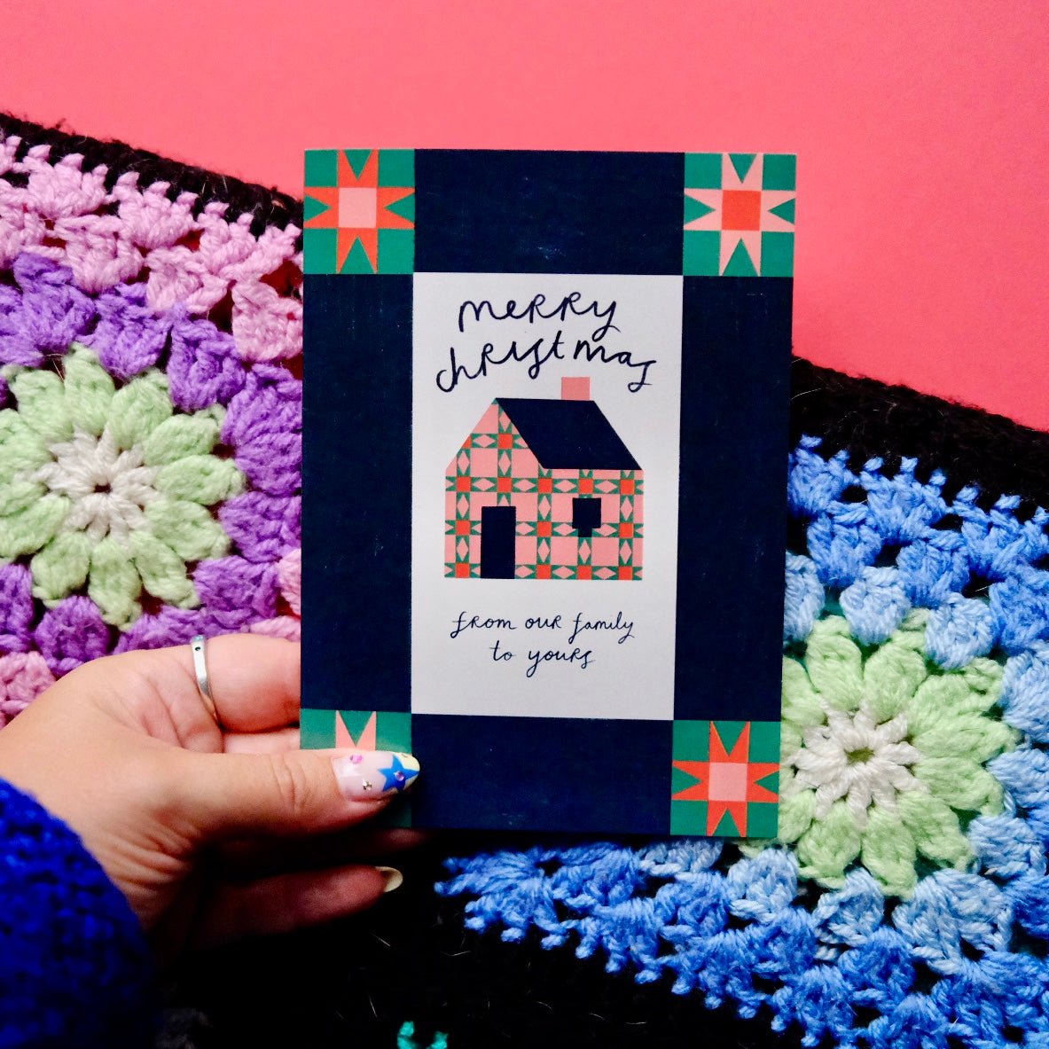 Merry Christmas From Our Family To Yours Patchwork Christmas Card | Colourful Cozy Quilt Christmas card | Bold Festive Quilt Christmas Card