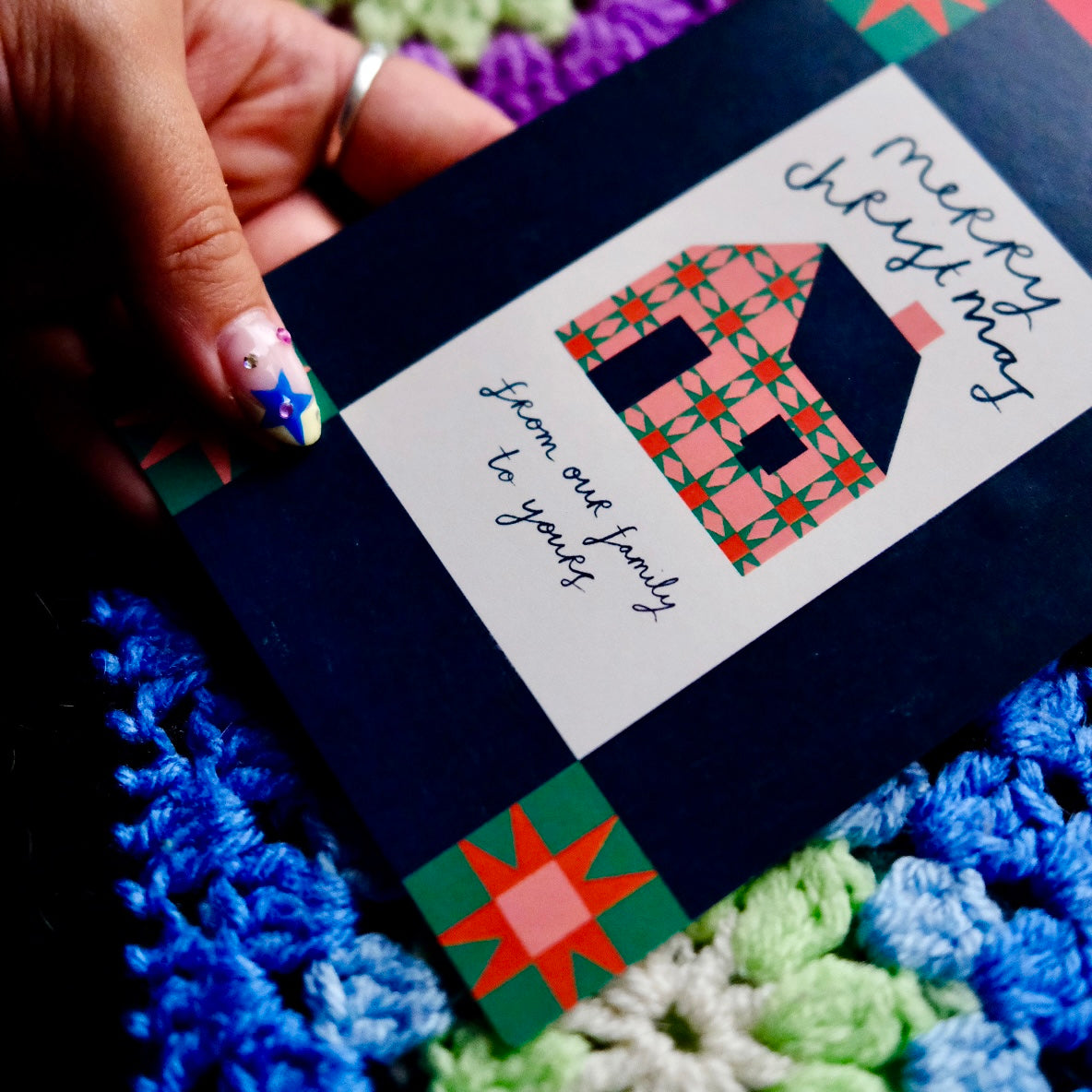 Merry Christmas From Our Family To Yours Patchwork Christmas Card | Colourful Cozy Quilt Christmas card | Bold Festive Quilt Christmas Card