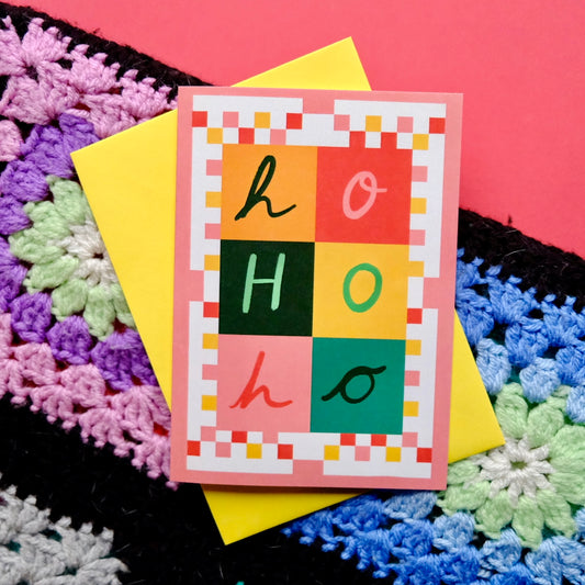 Ho Ho Ho Bold Quilt Christmas Card | Colourful Cozy Ho Ho Ho Christmas card | Bold Festive Quilt Christmas Card