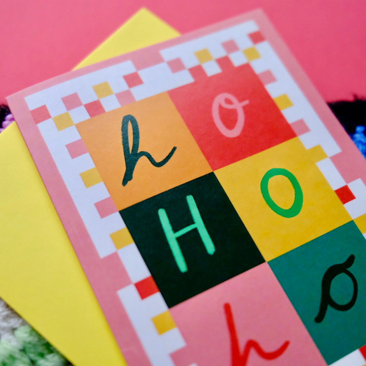 Ho Ho Ho Bold Quilt Christmas Card | Colourful Cozy Ho Ho Ho Christmas card | Bold Festive Quilt Christmas Card