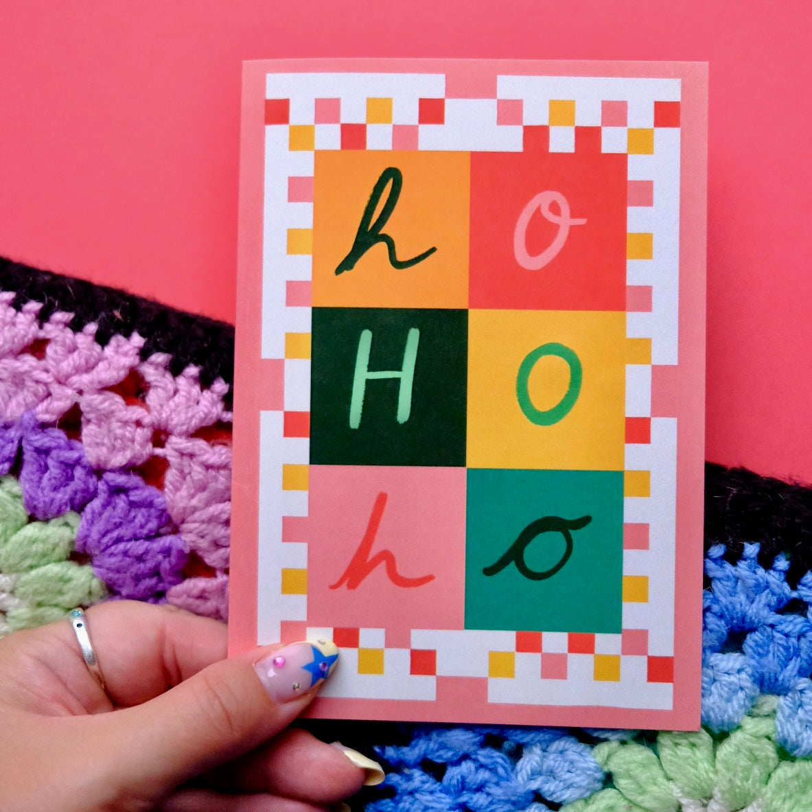 Ho Ho Ho Bold Quilt Christmas Card | Colourful Cozy Ho Ho Ho Christmas card | Bold Festive Quilt Christmas Card