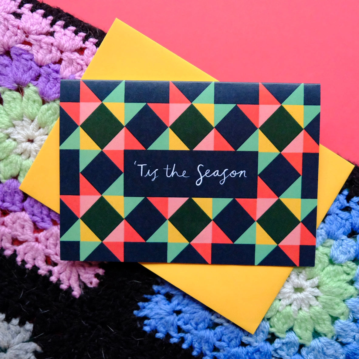 Tis' The Season Patchwork Christmas Card | Colourful Cozy Tis' The Season Christmas card | Bold Festive Quilt Christmas Card