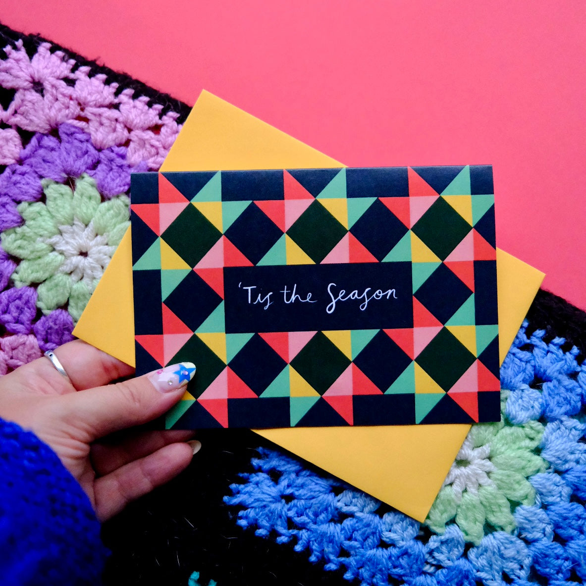 Tis' The Season Patchwork Christmas Card | Colourful Cozy Tis' The Season Christmas card | Bold Festive Quilt Christmas Card