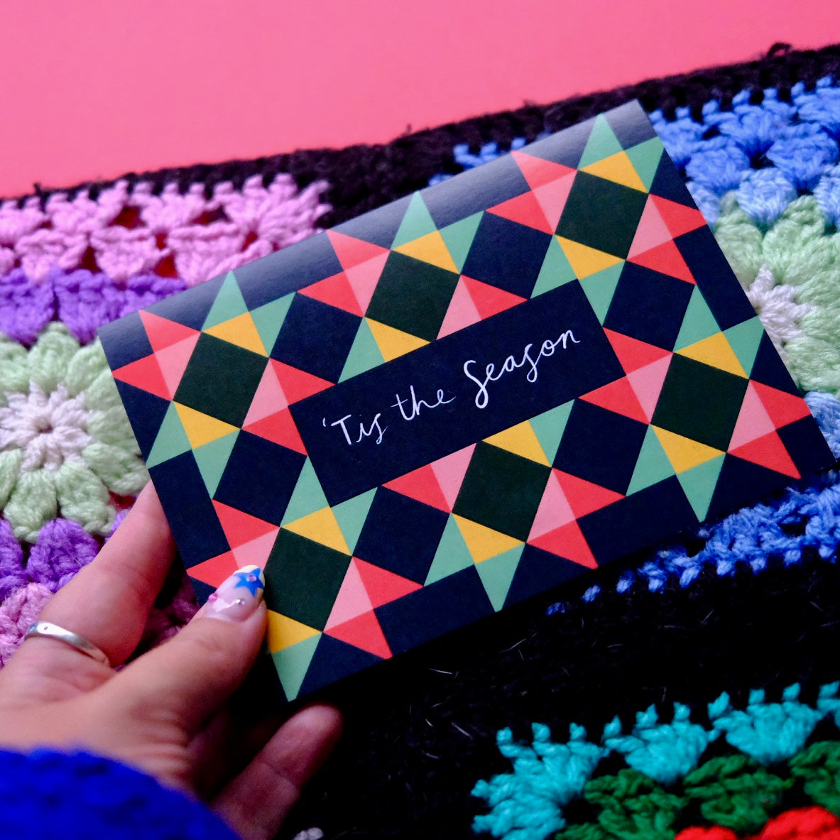 Tis' The Season Patchwork Christmas Card | Colourful Cozy Tis' The Season Christmas card | Bold Festive Quilt Christmas Card