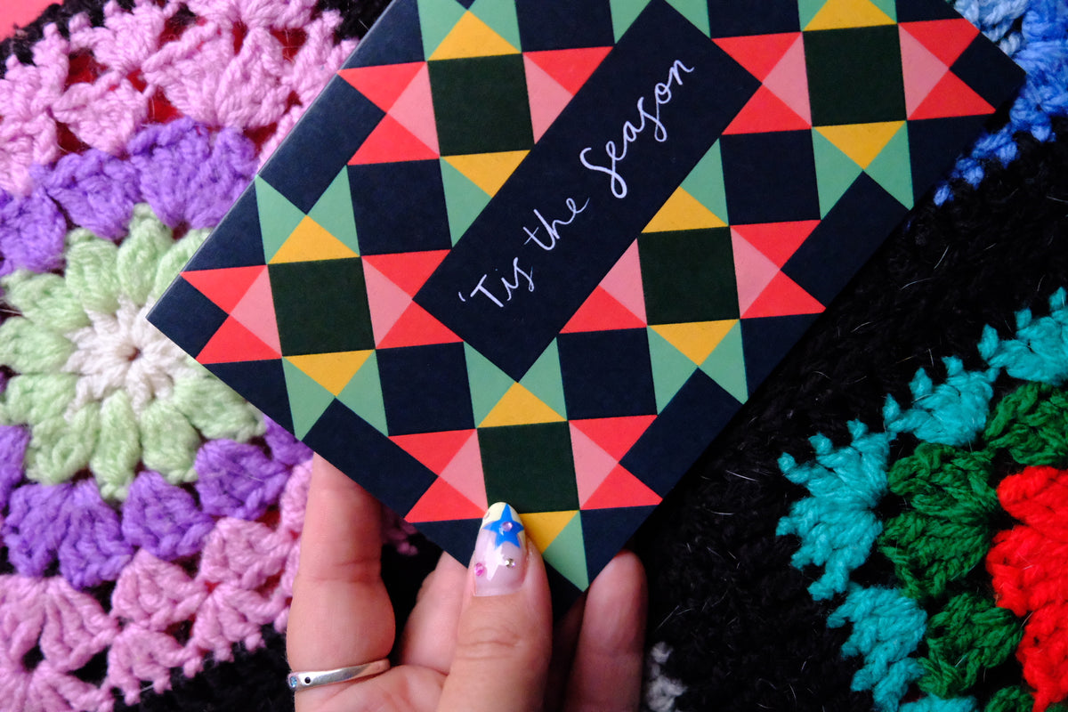 Tis' The Season Patchwork Christmas Card | Colourful Cozy Tis' The Season Christmas card | Bold Festive Quilt Christmas Card