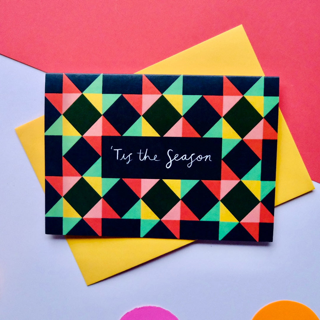 Tis' The Season Patchwork Christmas Card | Colourful Cozy Tis' The Season Christmas card | Bold Festive Quilt Christmas Card