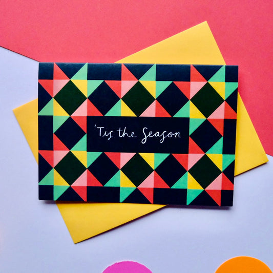 Tis' The Season Patchwork Christmas Card | Colourful Cozy Tis' The Season Christmas card | Bold Festive Quilt Christmas Card