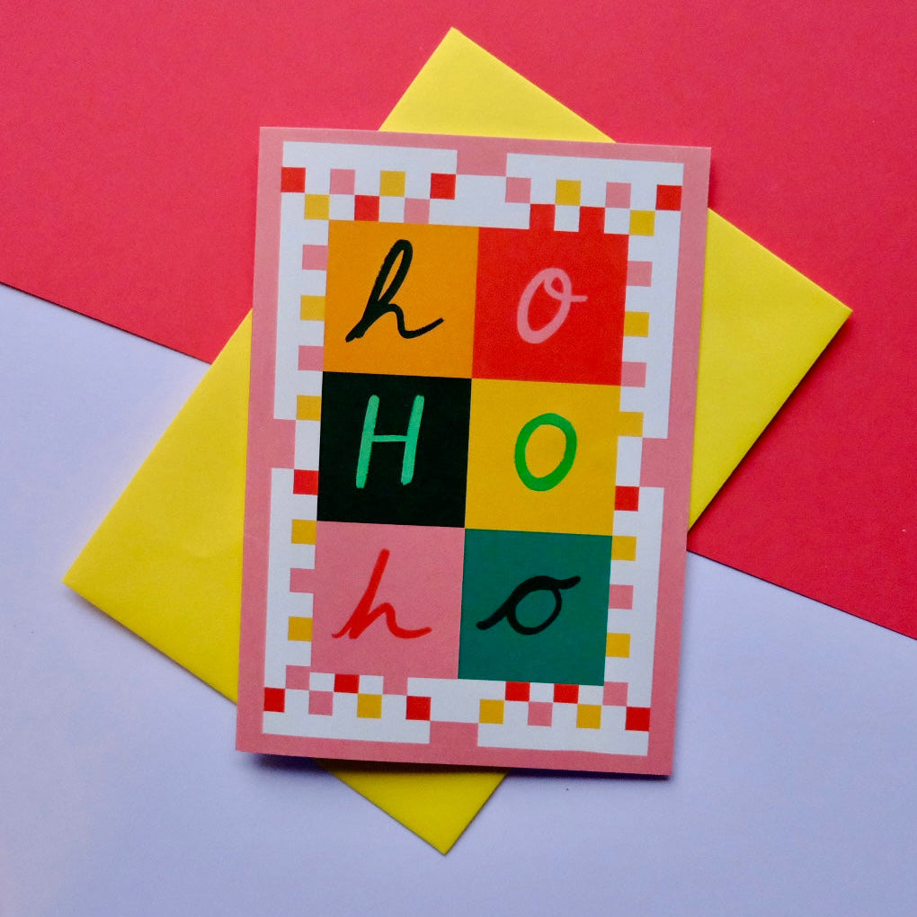 Ho Ho Ho Bold Quilt Christmas Card | Colourful Cozy Ho Ho Ho Christmas card | Bold Festive Quilt Christmas Card