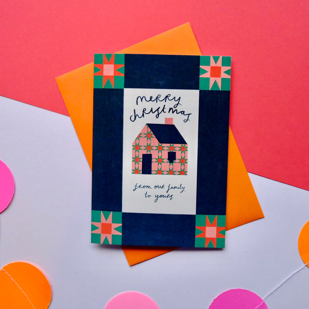 Merry Christmas From Our Family To Yours Patchwork Christmas Card | Colourful Cozy Quilt Christmas card | Bold Festive Quilt Christmas Card