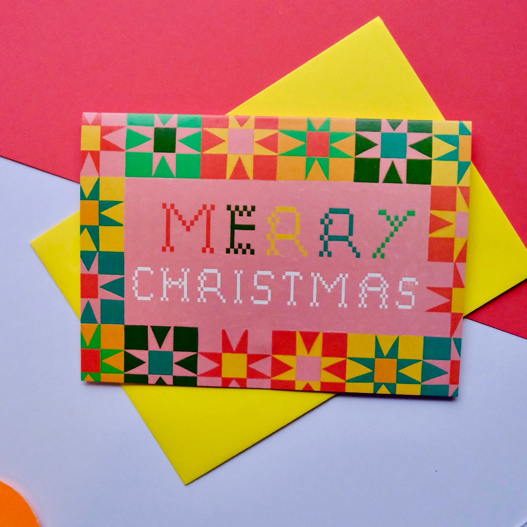 Merry Christmas Patchwork Christmas Card | Colourful Cozy Quilt Christmas card | Bold Festive Quilt Christmas Card