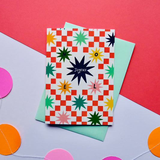 Joyeux Noel Patchwork Christmas Card | Colourful Cozy Quilt Christmas card | Bold Festive Patchwork Christmas Card