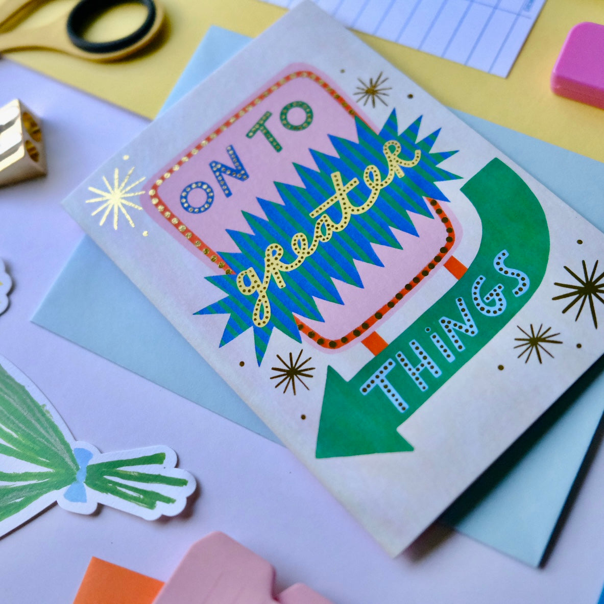 Retro 'On To Greater Things' Good Luck Greetings Card, Good Luck, Retro Motel Sign Thinking of you Greetings Card | Retro Sign Luck | Western Motel Sign Good Luck, Vintage Thoughtful Card