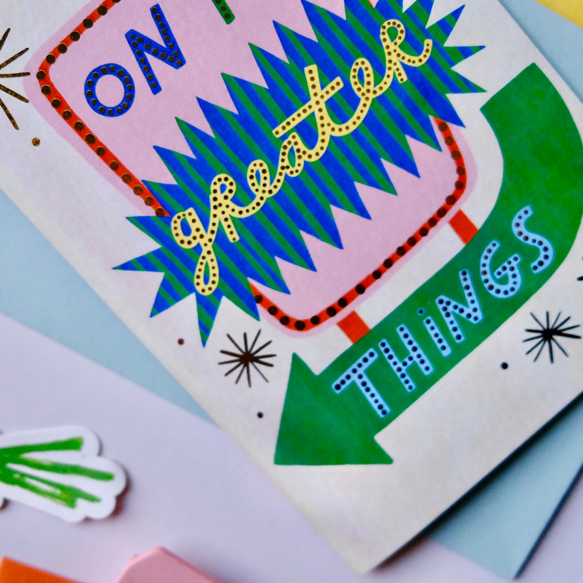 Retro 'On To Greater Things' Good Luck Greetings Card, Good Luck, Retro Motel Sign Thinking of you Greetings Card | Retro Sign Luck | Western Motel Sign Good Luck, Vintage Thoughtful Card