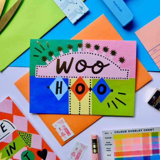 Retro 'WOO HOO' Congratulations Greetings Card, Congratulations Greetings Card, Retro Motel Sign celebrating Greetings Card | Retro good news Card | Western Motel Sign exams, New Job Card, Vintage Birthday Card
