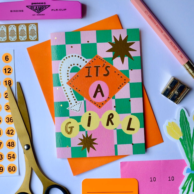 Retro 'It's A Girl' Sign Greetings Card | Vintage Sign Baby Girl Card | Retro Motel Style New Baby Card