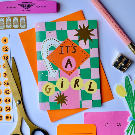 Retro 'It's A Girl' Sign Greetings Card | Vintage Sign Baby Girl Card | Retro Motel Style New Baby Card
