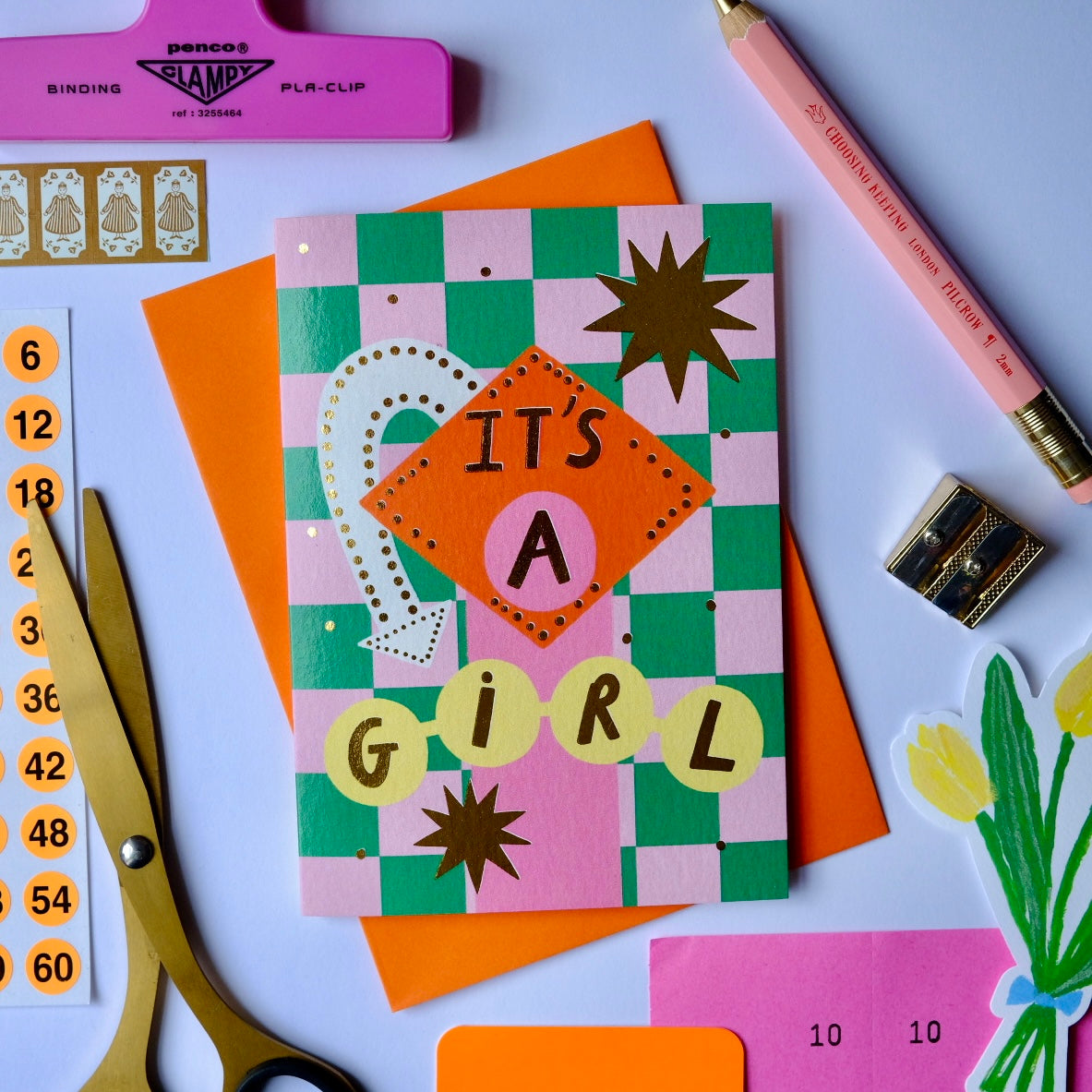 Retro 'It's A Girl' Sign Greetings Card | Vintage Sign Baby Girl Card | Retro Motel Style New Baby Card